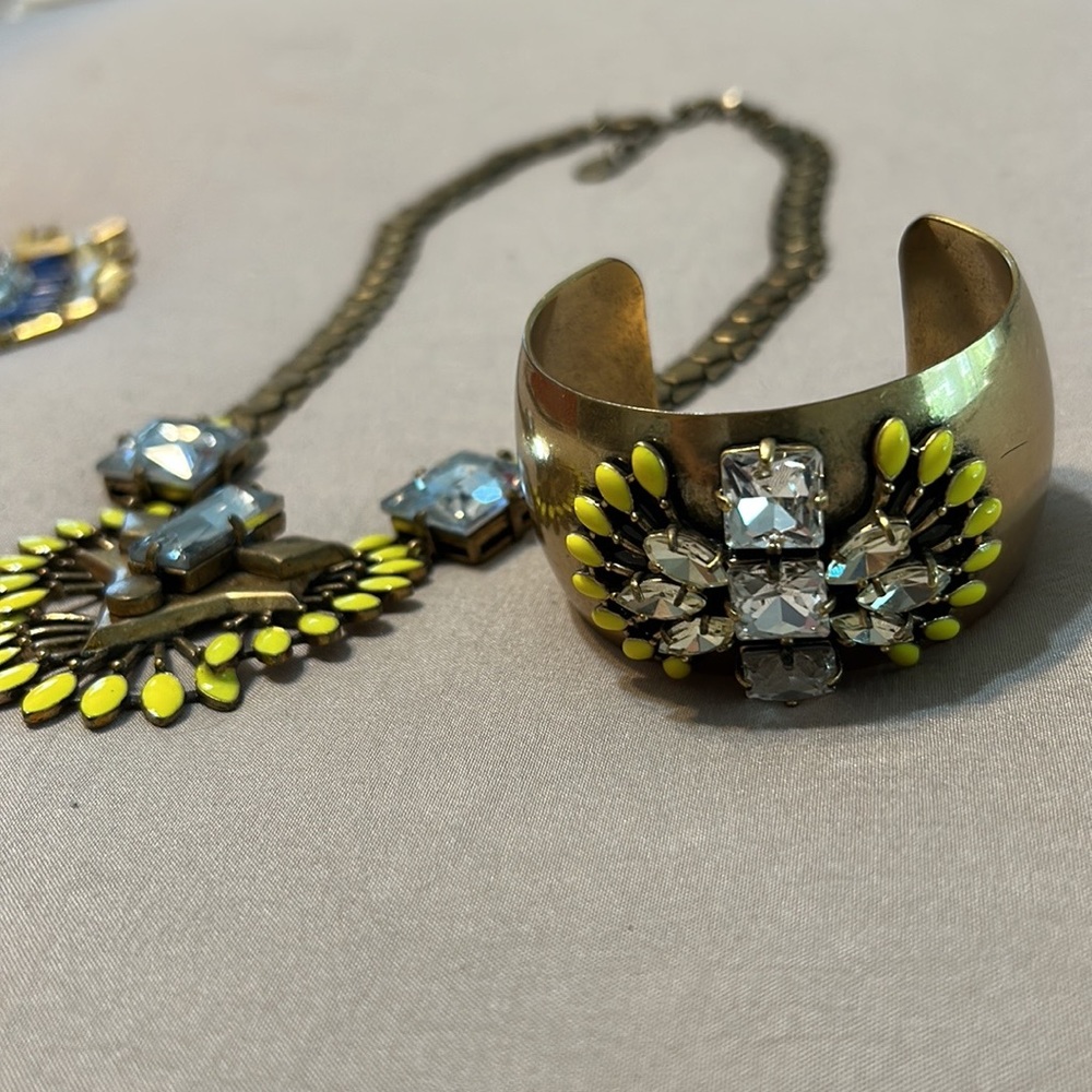 Stella and Dot Antique gold and yellow statement necklace and cuff bracelet.